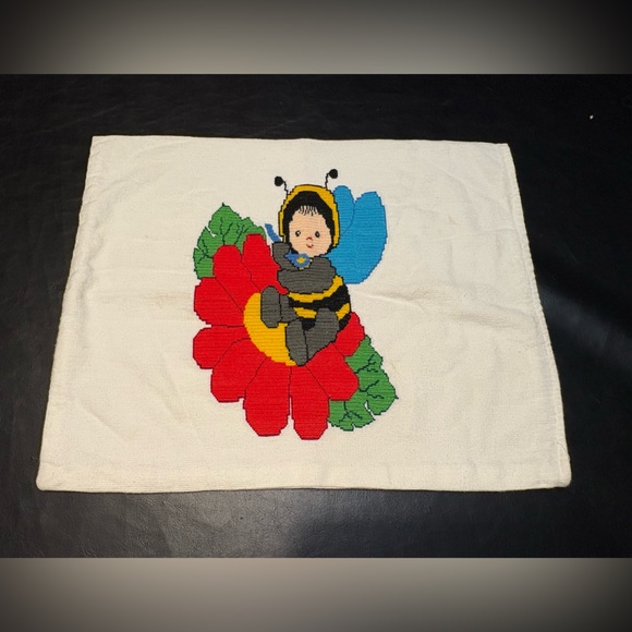 Other - Vintage Handmade Needlepoint Pillow Cover Bee Child on Flower